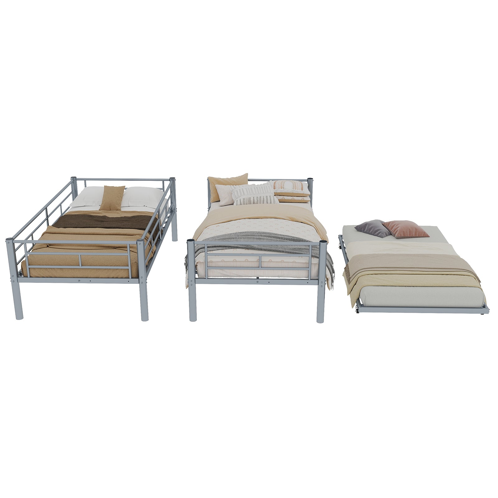 Uiowio Triple Bunk Bed Twin over Twin with Trundle,Triple Twin Bunk Bed with Ladder & Guardrail,Metal Convertible Triple Bunk Bed Frame for Teen & Adult,Bedroom,Dorm,Silver(Mattress not included)