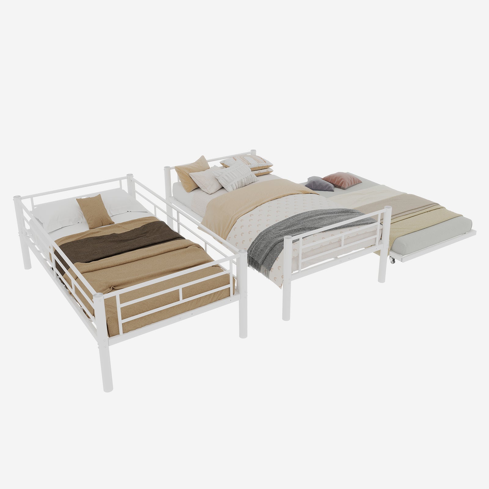 Uiowio Triple Bunk Bed Twin over Twin with Trundle,Triple Twin Bunk Bed with Ladder & Guardrail,Metal Convertible Triple Bunk Bed Frame for Teen & Adult,Bedroom,Dorm,White (Mattress not included)