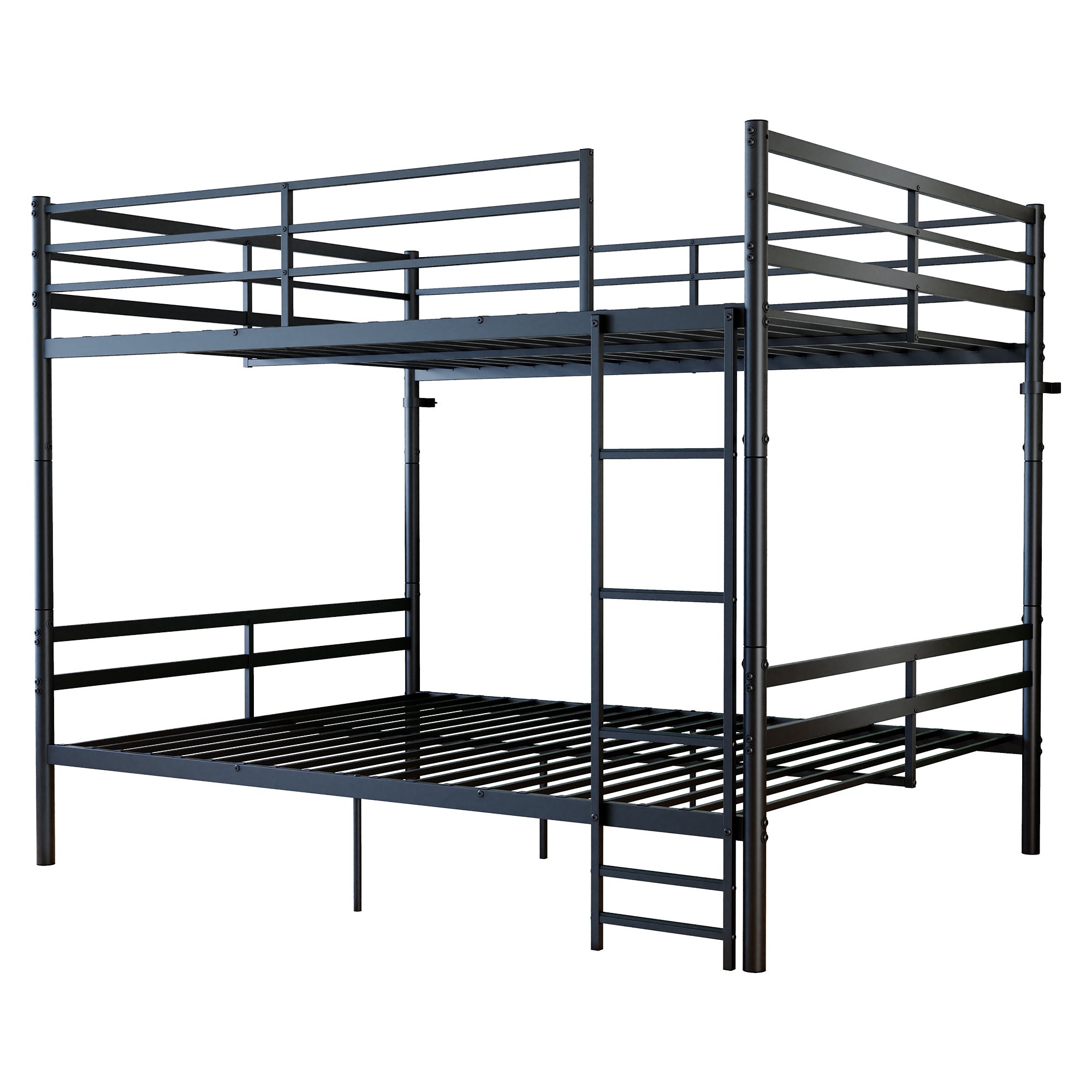 Kdymod Queen over Queen Metal Bunk Bed with Storage, Converts to 2 Separate Beds, Heavy-Duty & Space-Saving Bed Frame with Built-in Ladder & Safety Guardrail, Black