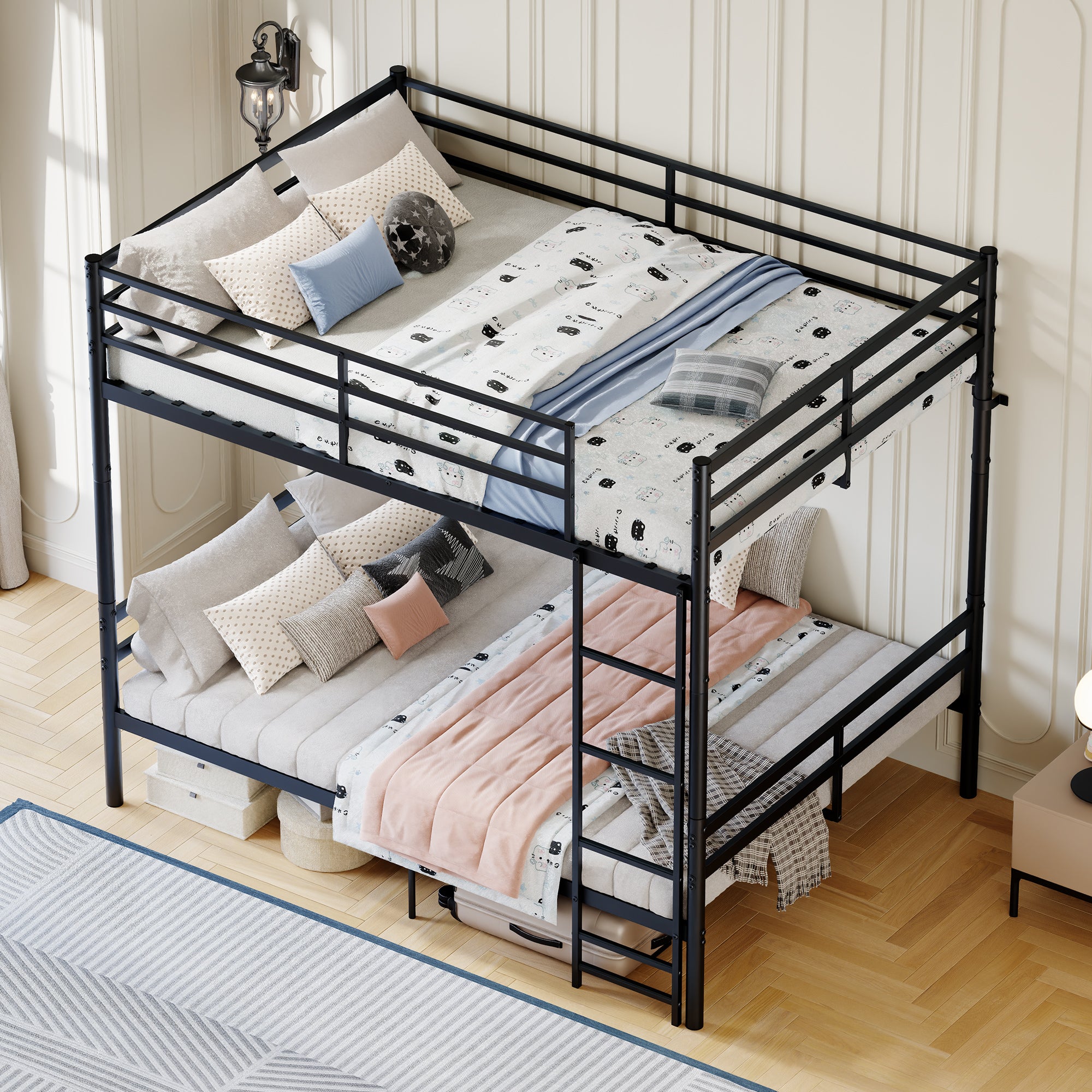 Kdymod Full over Full Metal Bunk Bed with Storage, Converts to 2 Separate Beds, Heavy-Duty & Space-Saving Bed Frame with Built-in Ladder & Safety Guardrail, Black