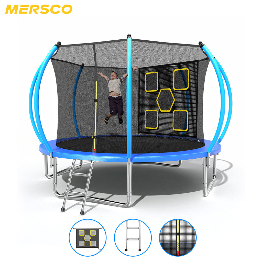 Mersco 12FT Trampoline for Kids with Mulifunctional Target Cloth,Outdoor Recreational Trampolines with Enclosure Net, Ladder,Jumping Trampoline SPACE for Kid Birthday and Festival Gift,Blue
