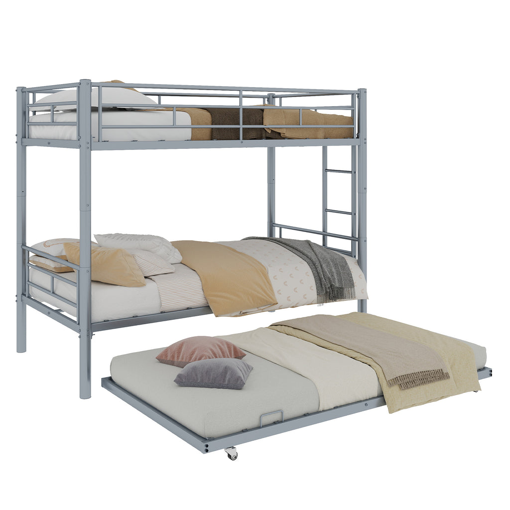 Uiowio Triple Bunk Bed Twin over Twin with Trundle,Triple Twin Bunk Bed with Ladder & Guardrail,Metal Convertible Triple Bunk Bed Frame for Teen & Adult,Bedroom,Dorm,Silver(Mattress not included)