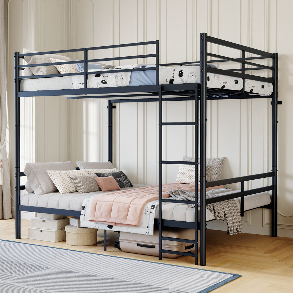 Kdymod Full over Full Metal Bunk Bed with Storage, Converts to 2 Separate Beds, Heavy-Duty & Space-Saving Bed Frame with Built-in Ladder & Safety Guardrail, Black