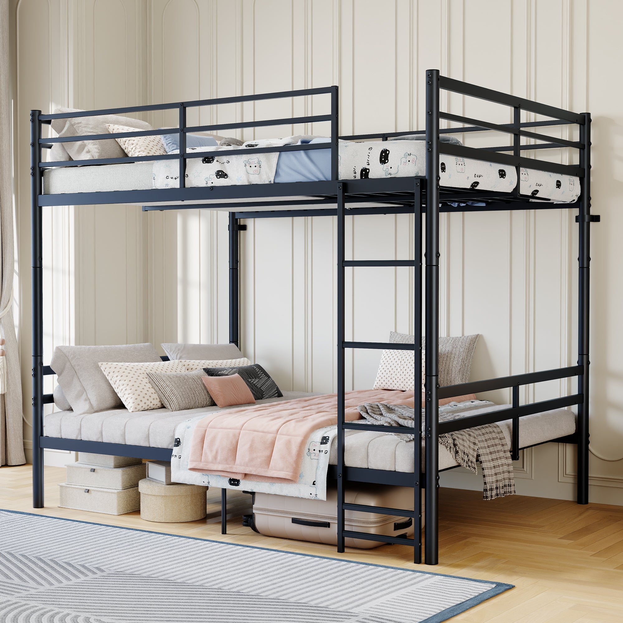 Kdymod Full over Full Metal Bunk Bed with Storage, Converts to 2 Separate Beds, Heavy-Duty & Space-Saving Bed Frame with Built-in Ladder & Safety Guardrail, Black