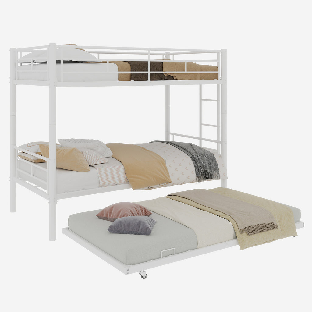 Uiowio Triple Bunk Bed Twin over Twin with Trundle,Triple Twin Bunk Bed with Ladder & Guardrail,Metal Convertible Triple Bunk Bed Frame for Teen & Adult,Bedroom,Dorm,White (Mattress not included)