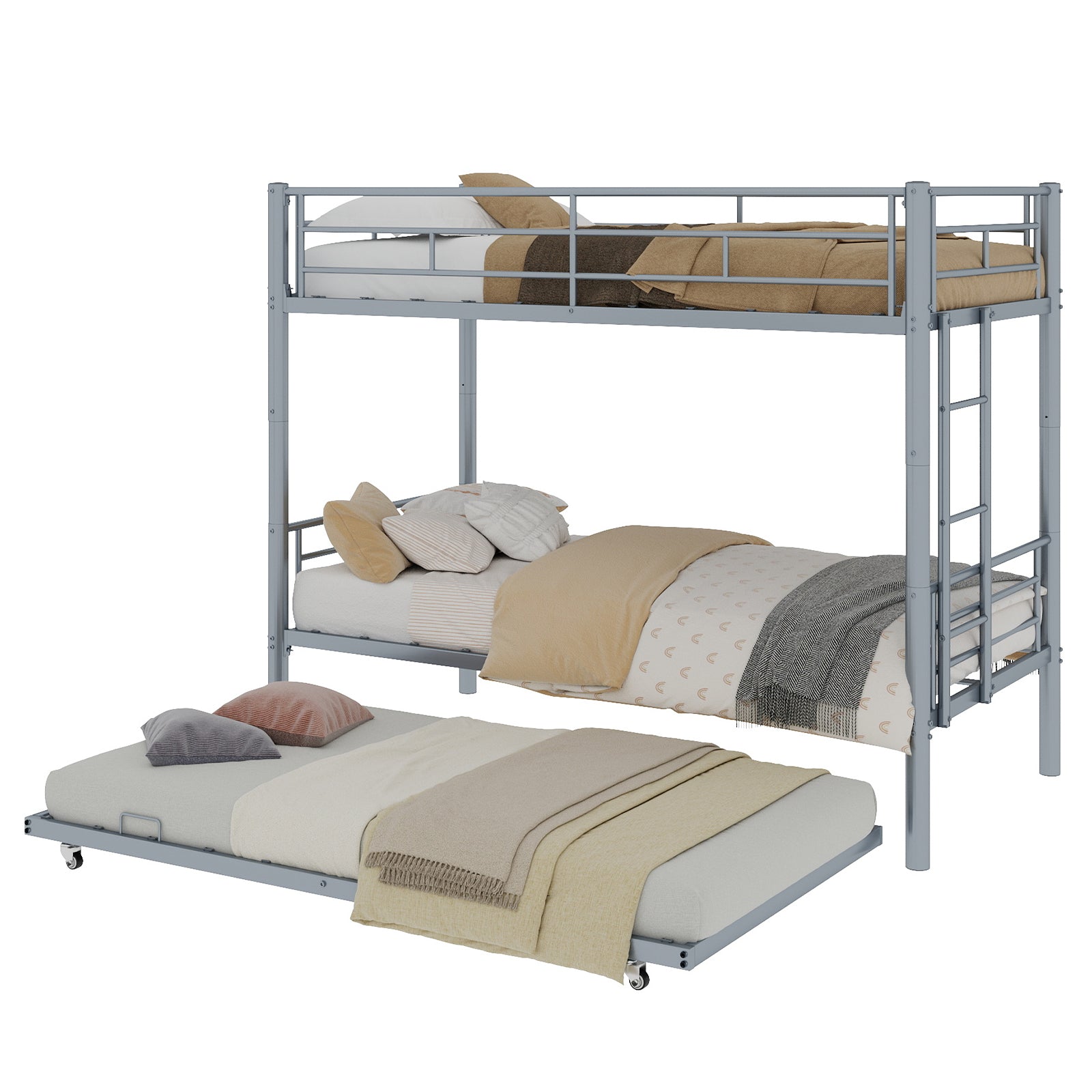 Uiowio Triple Bunk Bed Twin over Twin with Trundle,Triple Twin Bunk Bed with Ladder & Guardrail,Metal Convertible Triple Bunk Bed Frame for Teen & Adult,Bedroom,Dorm,Silver(Mattress not included)