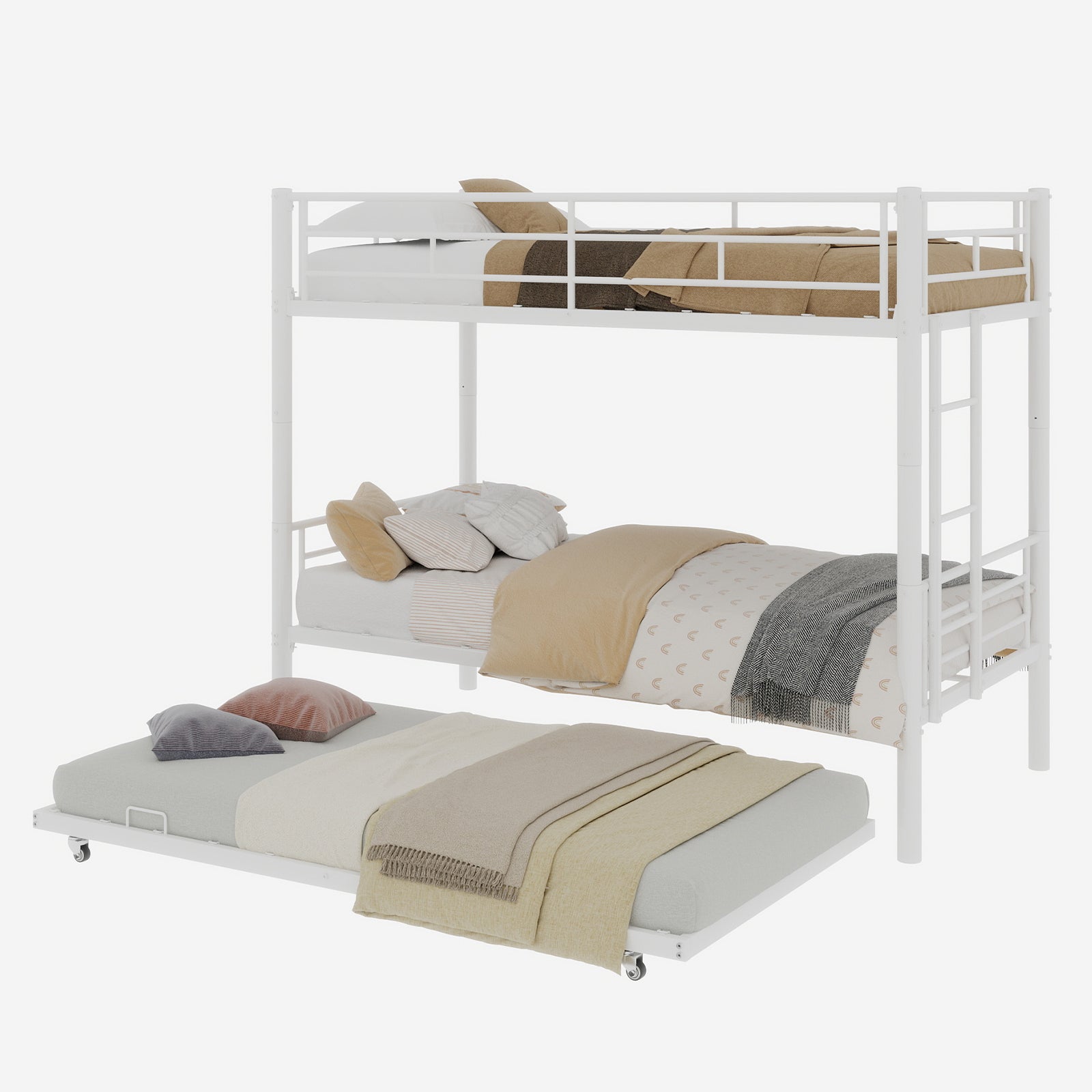 Uiowio Triple Bunk Bed Twin over Twin with Trundle,Triple Twin Bunk Bed with Ladder & Guardrail,Metal Convertible Triple Bunk Bed Frame for Teen & Adult,Bedroom,Dorm,White (Mattress not included)