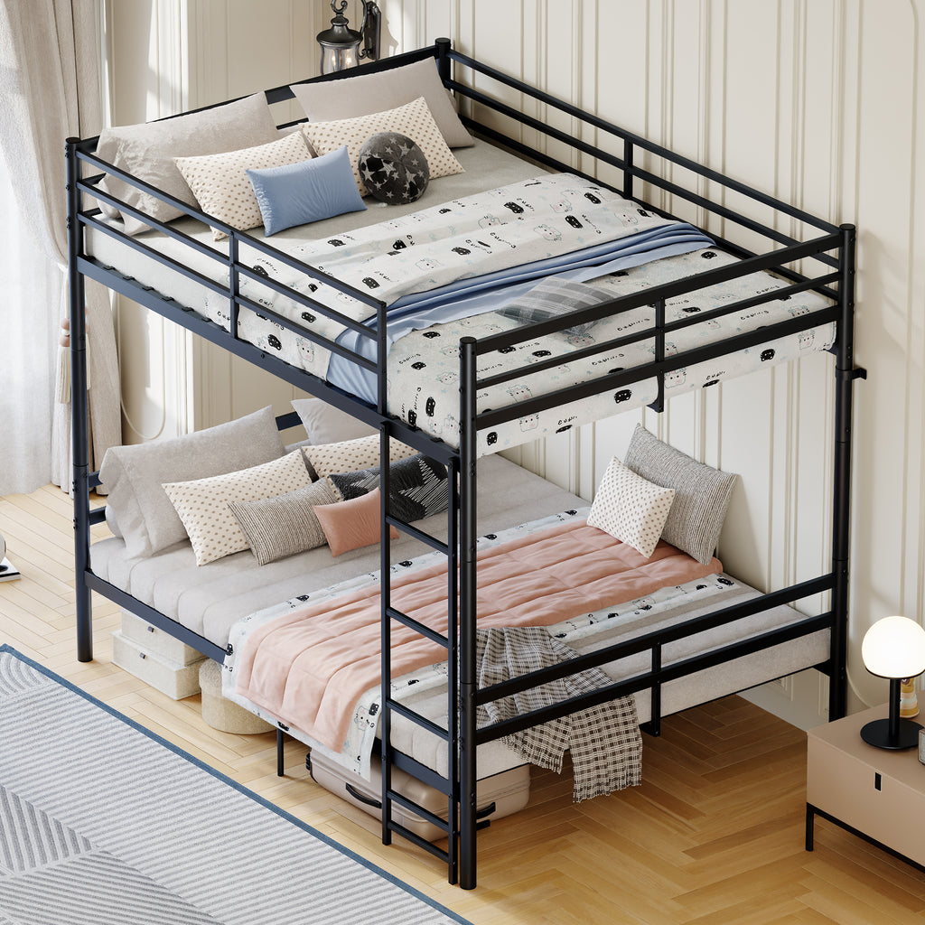 Kdymod Full over Full Metal Bunk Bed with Storage, Converts to 2 Separate Beds, Heavy-Duty & Space-Saving Bed Frame with Built-in Ladder & Safety Guardrail, Black