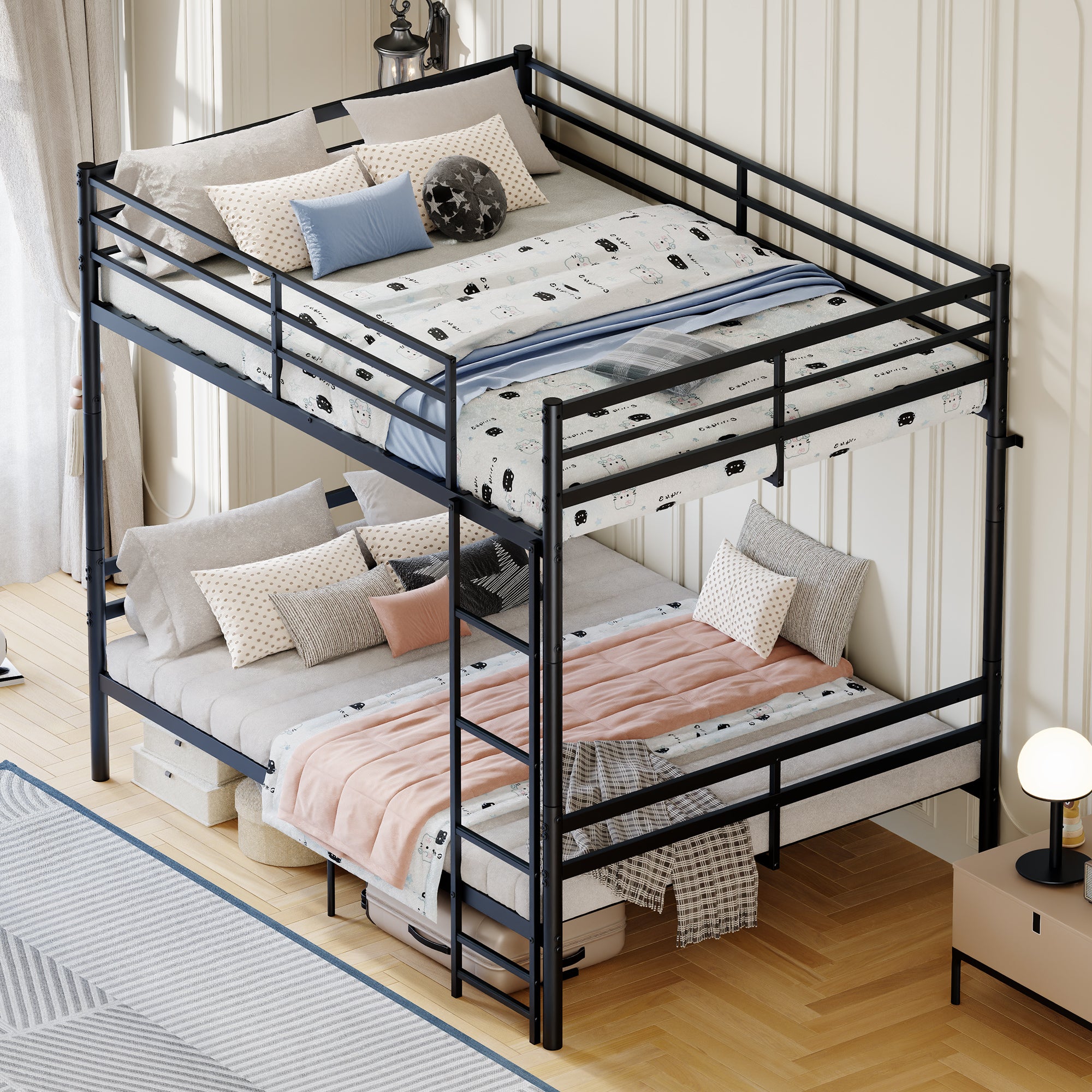 Kdymod Full over Full Metal Bunk Bed with Storage, Converts to 2 Separate Beds, Heavy-Duty & Space-Saving Bed Frame with Built-in Ladder & Safety Guardrail, Black