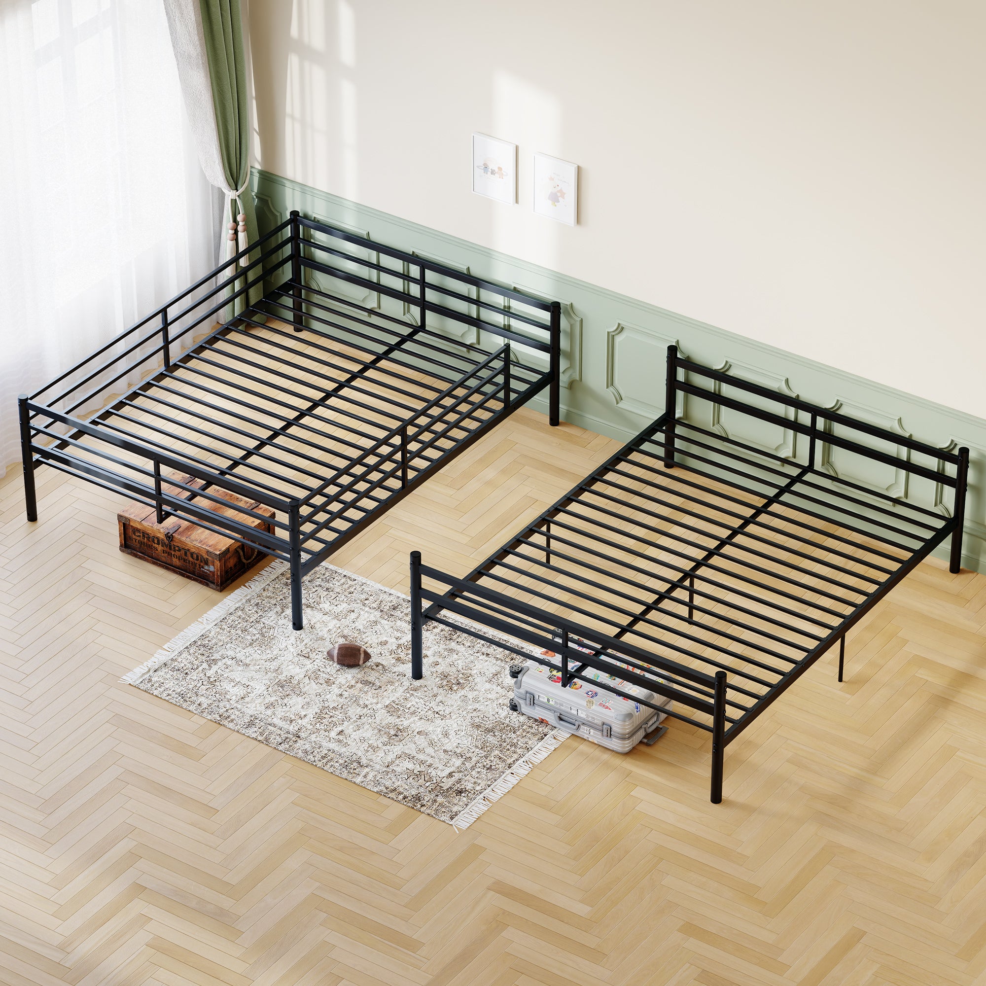 Kdymod Queen over Queen Metal Bunk Bed with Storage, Converts to 2 Separate Beds, Heavy-Duty & Space-Saving Bed Frame with Built-in Ladder & Safety Guardrail, Black