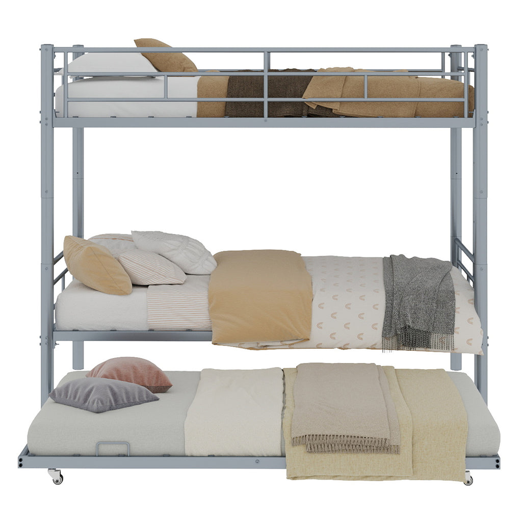 Uiowio Triple Bunk Bed Twin over Twin with Trundle,Triple Twin Bunk Bed with Ladder & Guardrail,Metal Convertible Triple Bunk Bed Frame for Teen & Adult,Bedroom,Dorm,Silver(Mattress not included)