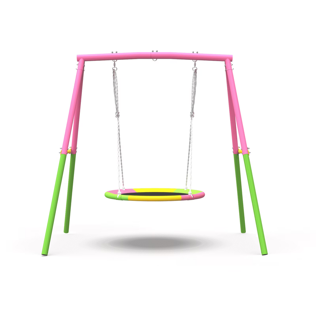 Kdymod 440lbs 40" Saucer Swing with Frame for Kids Outdoor, Heavy Duty Metal Swing Set with Adjustable Ropes & Ground Anchors, A-Frame Backyard Playset for Playground, Toddlers Ages 3+, Pink