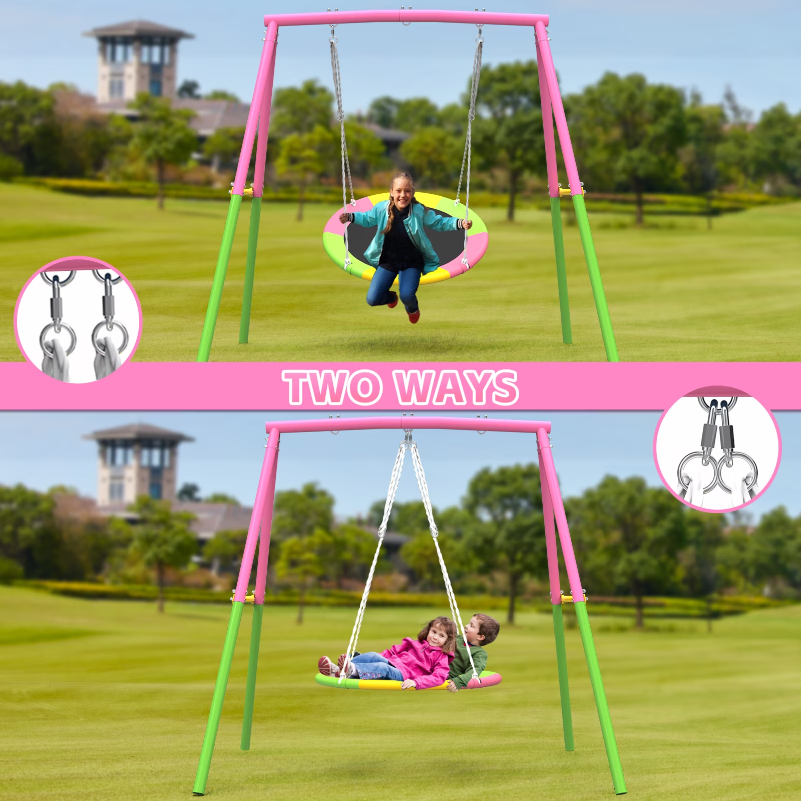 Kdymod 440lbs 40" Saucer Swing with Frame for Kids Outdoor, Heavy Duty Metal Swing Set with Adjustable Ropes & Ground Anchors, A-Frame Backyard Playset for Playground, Toddlers Ages 3+, Pink