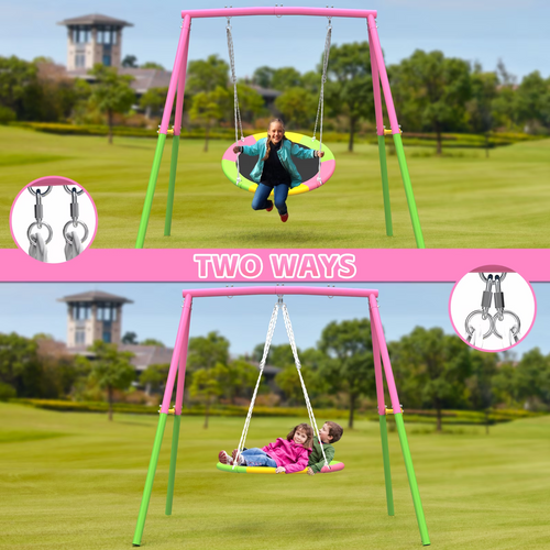 Kdymod 440lbs 40" Saucer Swing with Frame for Kids Outdoor, Heavy Duty Metal Swing Set with Adjustable Ropes & Ground Anchors, A-Frame Backyard Playset for Playground, Toddlers Ages 3+, Pink