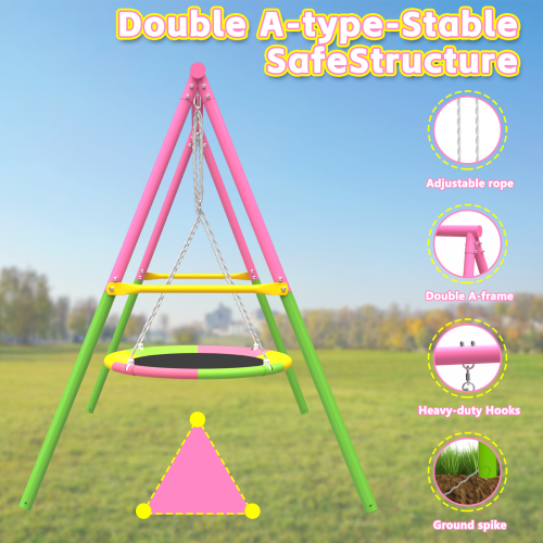 Kdymod 440lbs 40" Saucer Swing with Frame for Kids Outdoor, Heavy Duty Metal Swing Set with Adjustable Ropes & Ground Anchors, A-Frame Backyard Playset for Playground, Toddlers Ages 3+, Pink