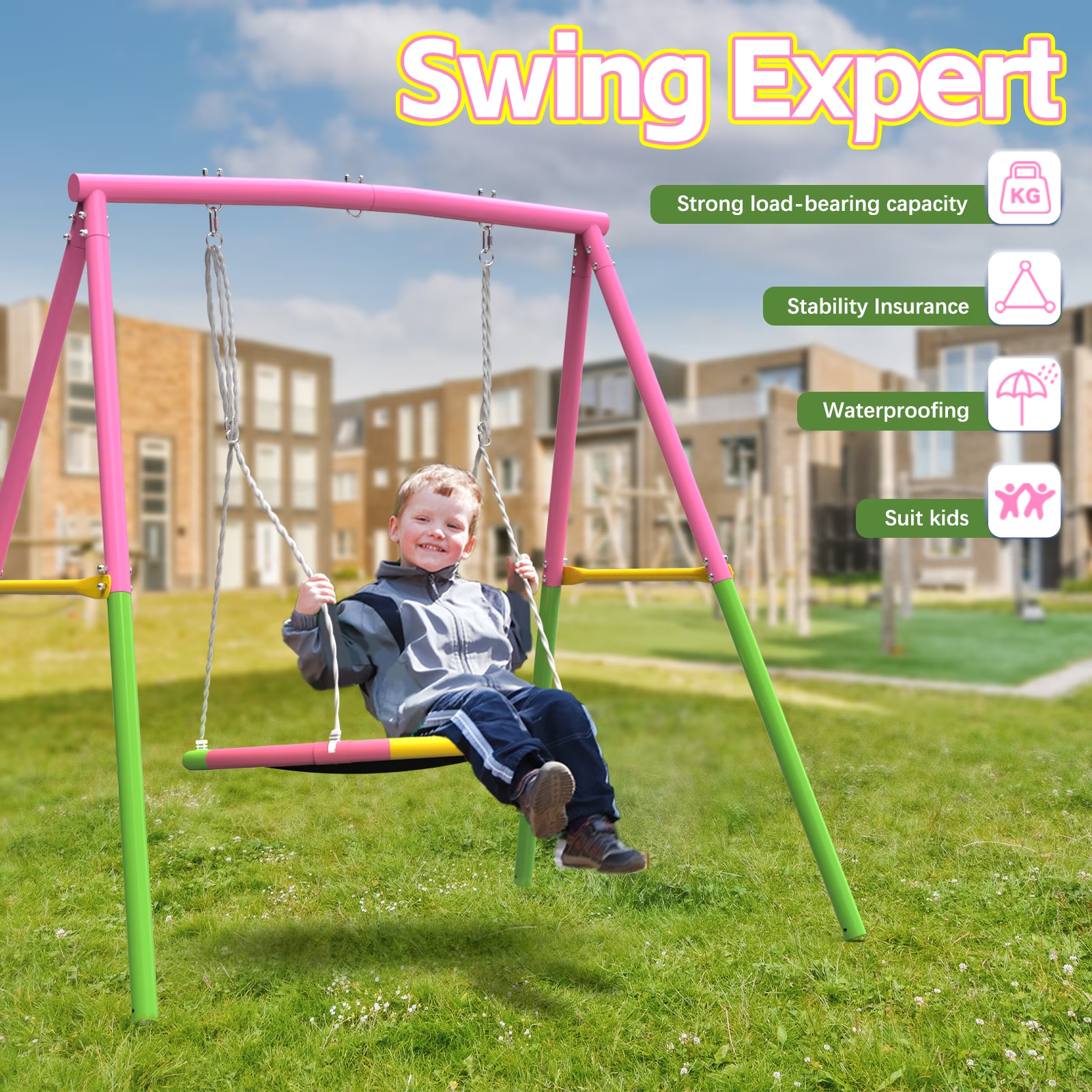 Kdymod 440lbs 40" Saucer Swing with Frame for Kids Outdoor, Heavy Duty Metal Swing Set with Adjustable Ropes & Ground Anchors, A-Frame Backyard Playset for Playground, Toddlers Ages 3+, Pink