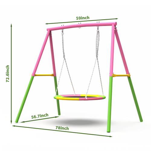 Kdymod 440lbs 40" Saucer Swing with Frame for Kids Outdoor, Heavy Duty Metal Swing Set with Adjustable Ropes & Ground Anchors, A-Frame Backyard Playset for Playground, Toddlers Ages 3+, Pink