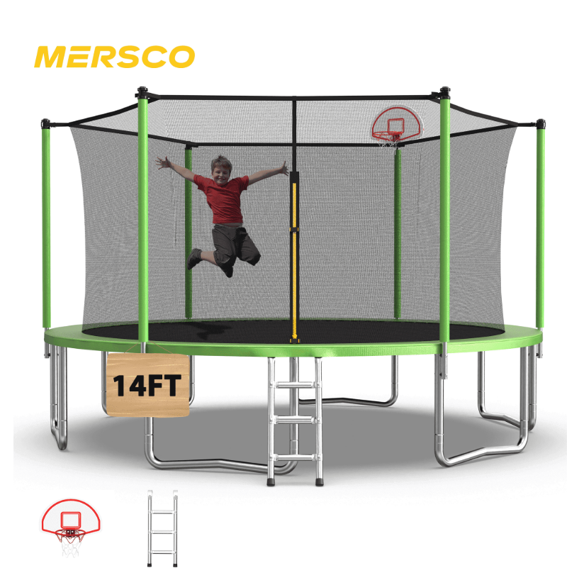 Mersco 14ft Heavy Duty Trampoline PLAY for Kids Outdoor with Safety Enclosure Net, Basketball Hoop ,Ladder,Big Backyard Trampoline, Jumping Trampoline for Boys and Girls Birthday Gift,Green