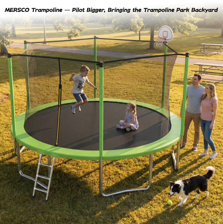 Mersco 14ft Heavy Duty Trampoline PLAY for Kids Outdoor with Safety Enclosure Net, Basketball Hoop ,Ladder,Big Backyard Trampoline, Jumping Trampoline for Boys and Girls Birthday Gift,Green
