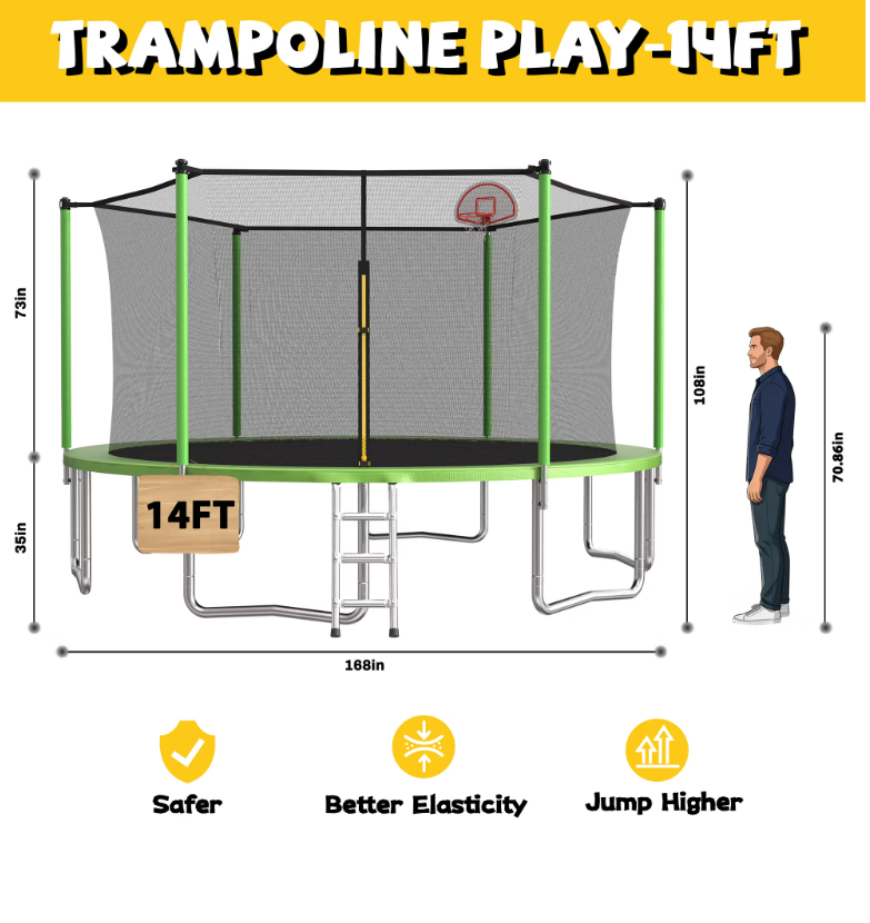 Mersco 14ft Heavy Duty Trampoline PLAY for Kids Outdoor with Safety Enclosure Net, Basketball Hoop ,Ladder,Big Backyard Trampoline, Jumping Trampoline for Boys and Girls Birthday Gift,Green