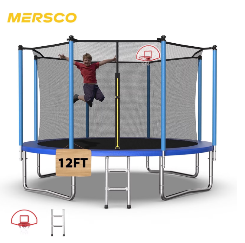 Mersco 12ft Trampoline for Kids and Adults,Outdoor Trampoline with Enclosure,Basketball Hoop and Ladder,Upright-Poled Backyard Trampoline,Jumping Trampoline PLAY for Boys and Girls Birthday Gift,Blue