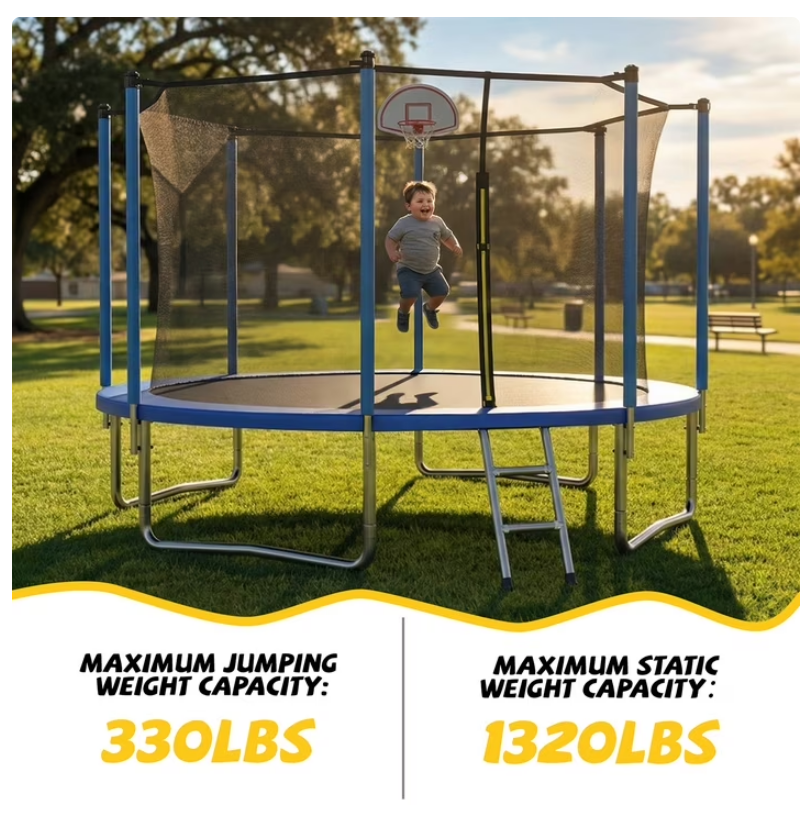 Mersco 12ft Trampoline for Kids and Adults,Outdoor Trampoline with Enclosure,Basketball Hoop and Ladder,Upright-Poled Backyard Trampoline,Jumping Trampoline PLAY for Boys and Girls Birthday Gift,Blue