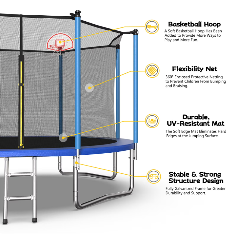 Mersco 12ft Trampoline for Kids and Adults,Outdoor Trampoline with Enclosure,Basketball Hoop and Ladder,Upright-Poled Backyard Trampoline,Jumping Trampoline PLAY for Boys and Girls Birthday Gift,Blue
