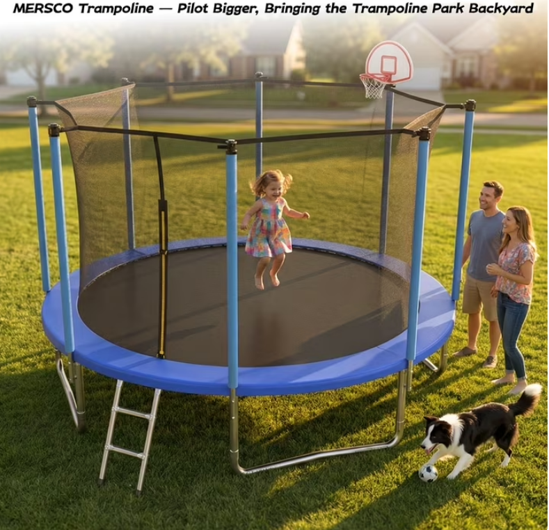 Mersco 12ft Trampoline for Kids and Adults,Outdoor Trampoline with Enclosure,Basketball Hoop and Ladder,Upright-Poled Backyard Trampoline,Jumping Trampoline PLAY for Boys and Girls Birthday Gift,Blue