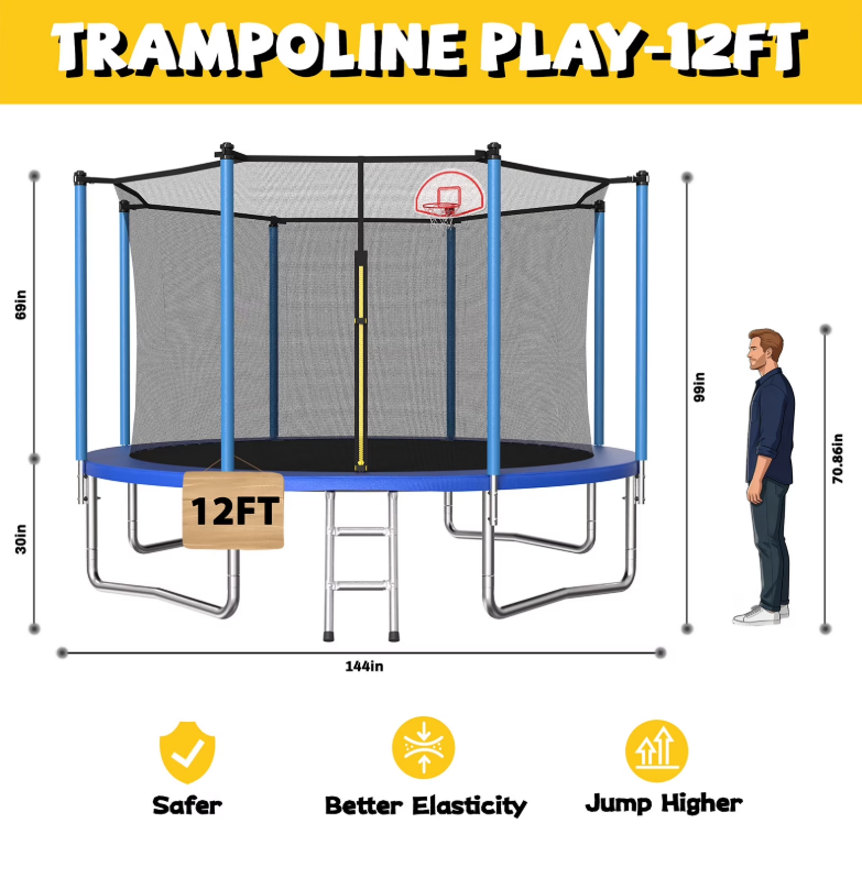 Mersco 12ft Trampoline for Kids and Adults,Outdoor Trampoline with Enclosure,Basketball Hoop and Ladder,Upright-Poled Backyard Trampoline,Jumping Trampoline PLAY for Boys and Girls Birthday Gift,Blue