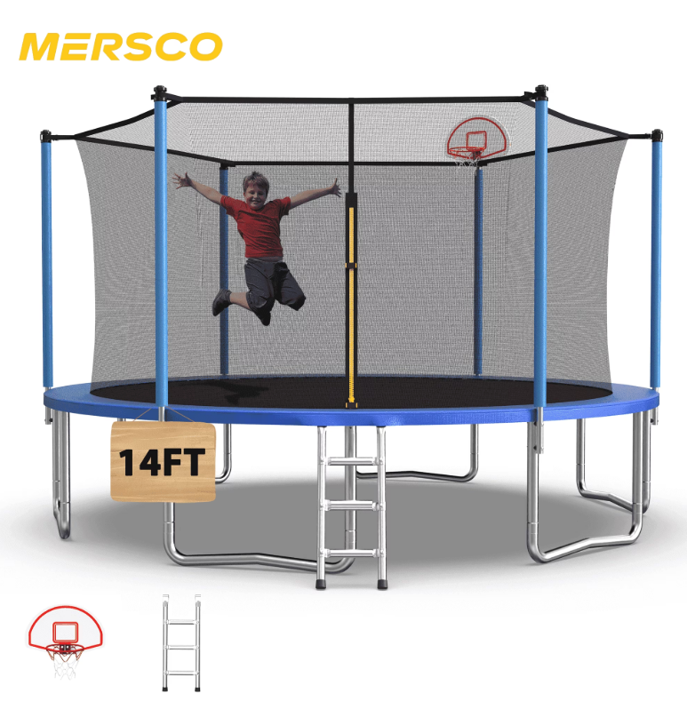 Mersco 14ft Heavy Duty Trampoline PLAY for Kids and Adult,Outdoor with Safety Enclosure Net, Basketball Hoop,Ladder,Jumping Trampoline for Boys and Girls Birthday Gifts, Big Backyard Trampoline, Blue