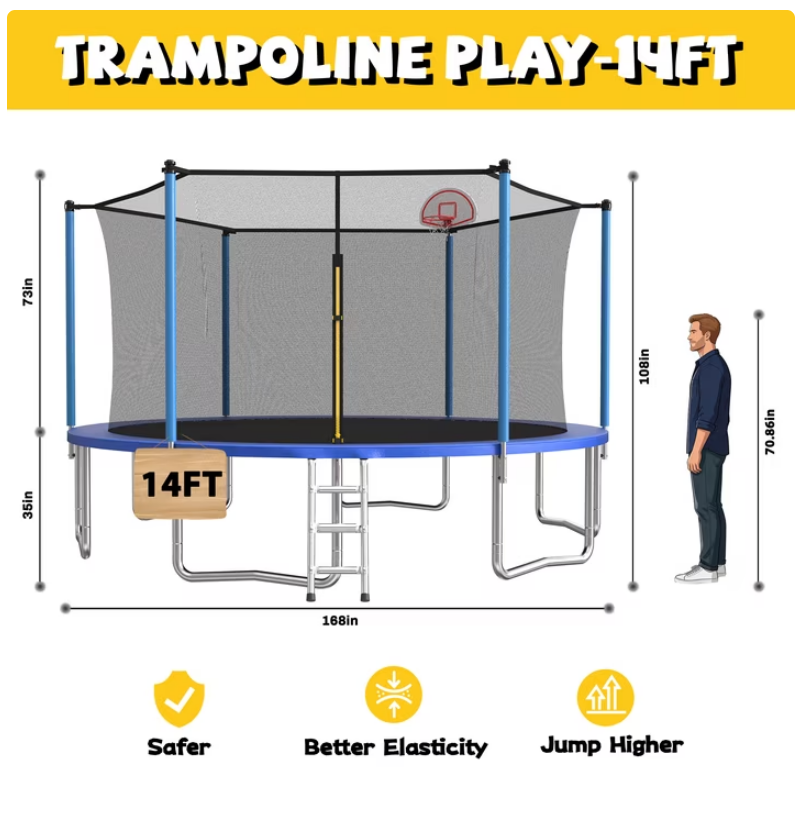 Mersco 14ft Heavy Duty Trampoline PLAY for Kids and Adult,Outdoor with Safety Enclosure Net, Basketball Hoop,Ladder,Jumping Trampoline for Boys and Girls Birthday Gifts, Big Backyard Trampoline, Blue