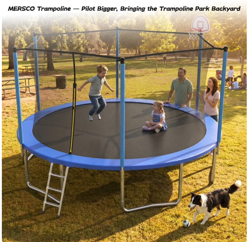 Mersco 14ft Heavy Duty Trampoline PLAY for Kids and Adult,Outdoor with Safety Enclosure Net, Basketball Hoop,Ladder,Jumping Trampoline for Boys and Girls Birthday Gifts, Big Backyard Trampoline, Blue