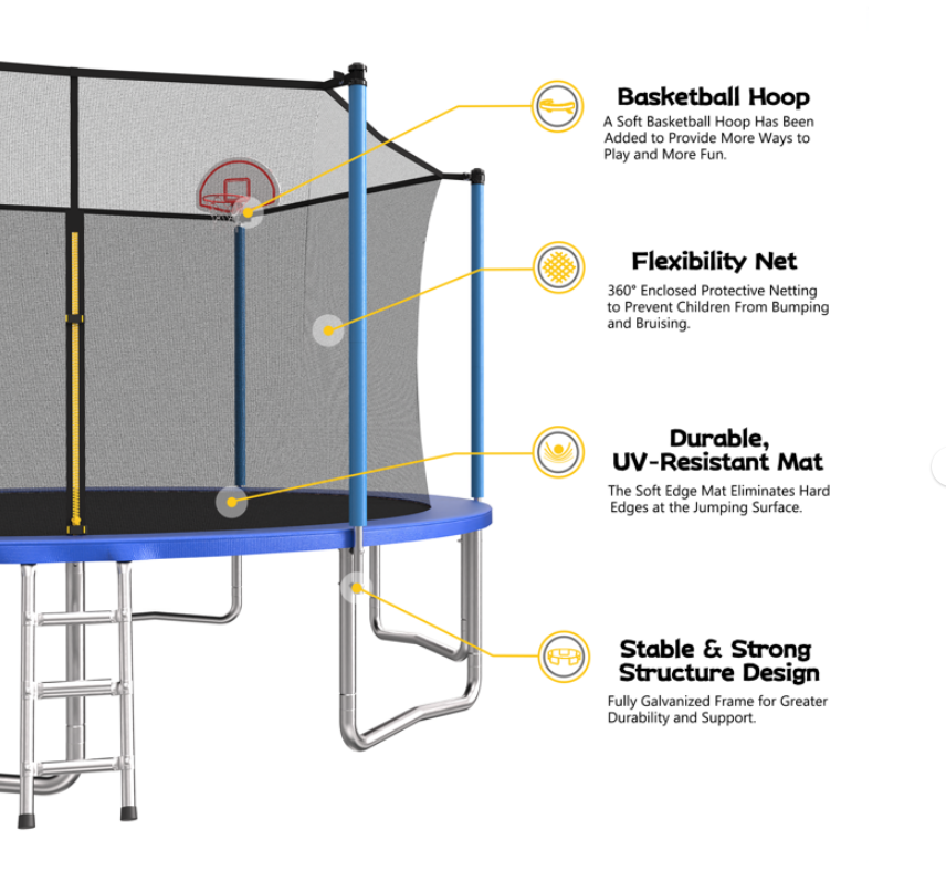 Mersco 14ft Heavy Duty Trampoline PLAY for Kids and Adult,Outdoor with Safety Enclosure Net, Basketball Hoop,Ladder,Jumping Trampoline for Boys and Girls Birthday Gifts, Big Backyard Trampoline, Blue