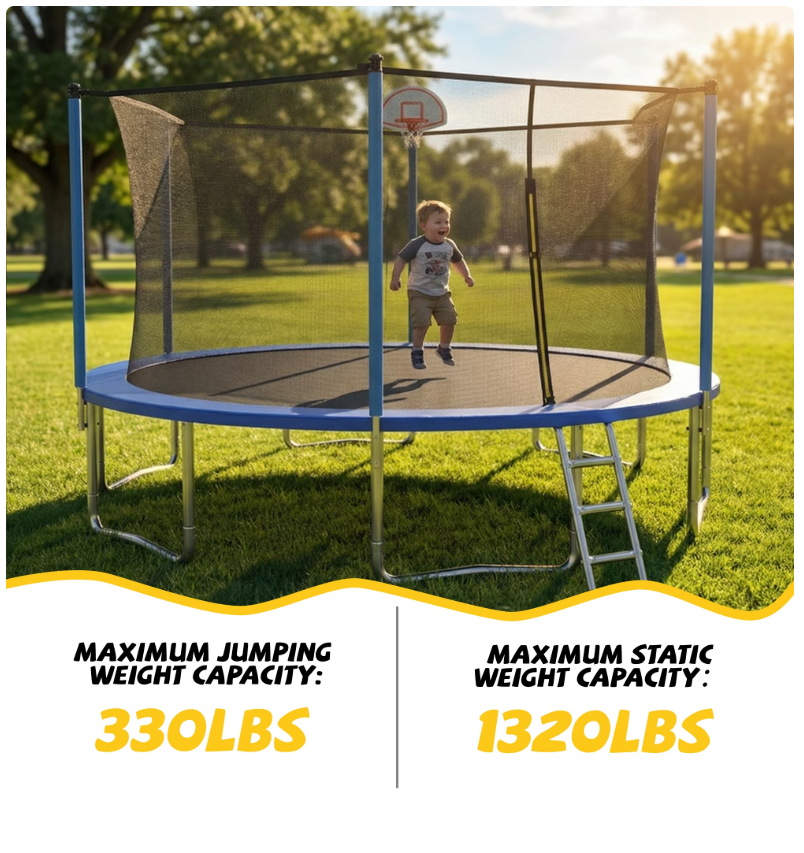 Mersco 14ft Heavy Duty Trampoline PLAY for Kids and Adult,Outdoor with Safety Enclosure Net, Basketball Hoop,Ladder,Jumping Trampoline for Boys and Girls Birthday Gifts, Big Backyard Trampoline, Blue