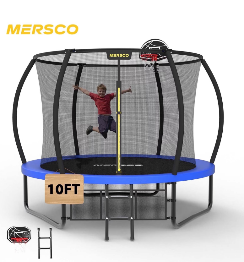 Mersco 10ft Pumpkin Trampoline for Kids ,Blue Outdoor Jumping Trampoline with Enclosure Net, Basketball Hoop, Ladder, Storage Bag,Home Trampoline SPACE for Birthday Gifts
