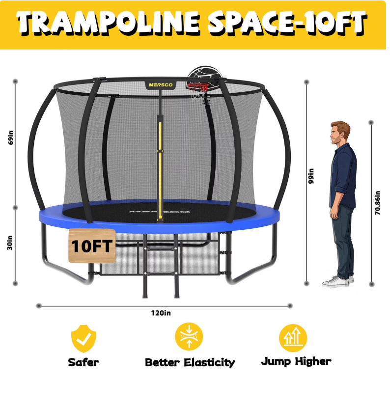 Mersco 10ft Pumpkin Trampoline for Kids ,Blue Outdoor Jumping Trampoline with Enclosure Net, Basketball Hoop, Ladder, Storage Bag,Home Trampoline SPACE for Birthday Gifts