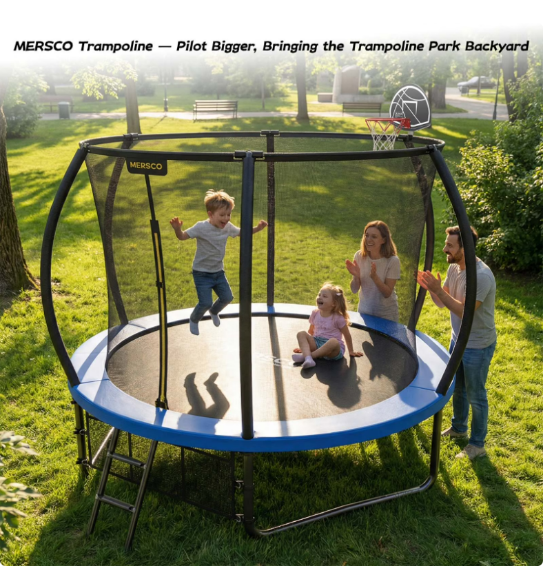 Mersco 10ft Pumpkin Trampoline for Kids ,Blue Outdoor Jumping Trampoline with Enclosure Net, Basketball Hoop, Ladder, Storage Bag,Home Trampoline SPACE for Birthday Gifts