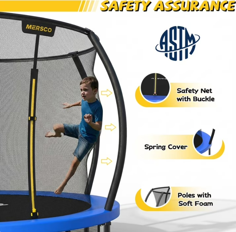 Mersco 10ft Pumpkin Trampoline for Kids ,Blue Outdoor Jumping Trampoline with Enclosure Net, Basketball Hoop, Ladder, Storage Bag,Home Trampoline SPACE for Birthday Gifts
