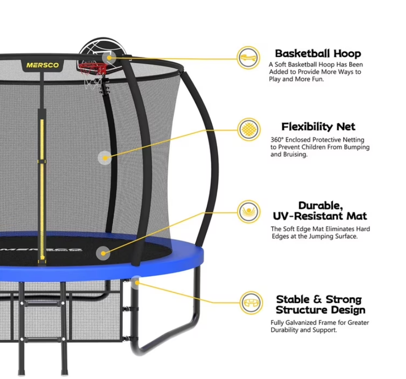 Mersco 10ft Pumpkin Trampoline for Kids ,Blue Outdoor Jumping Trampoline with Enclosure Net, Basketball Hoop, Ladder, Storage Bag,Home Trampoline SPACE for Birthday Gifts