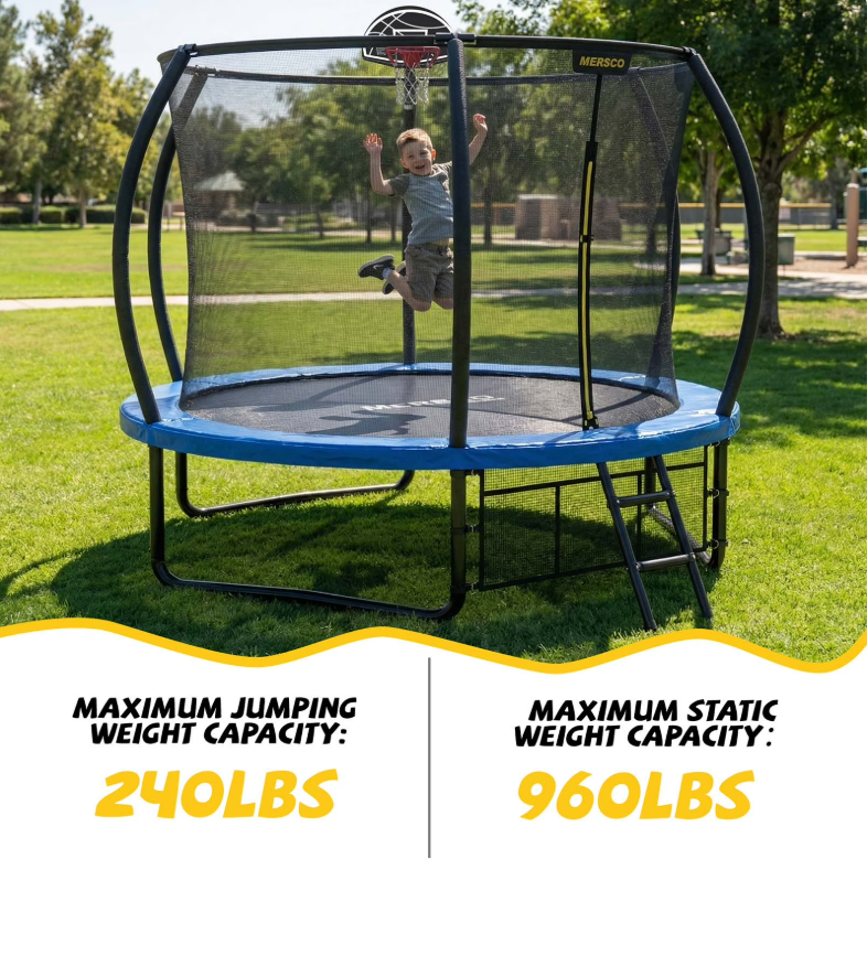 Mersco 10ft Pumpkin Trampoline for Kids ,Blue Outdoor Jumping Trampoline with Enclosure Net, Basketball Hoop, Ladder, Storage Bag,Home Trampoline SPACE for Birthday Gifts