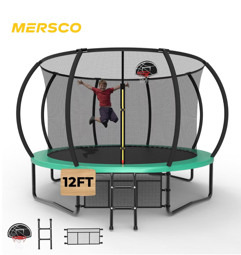 Mersco 12ft Pumpkin Trampoline for Kids and Adults, Outdoor Trampoline with Basketball Hoop Enclosure Net Storage Bag,Jumping Trampoline SPACE for Boys and Girls Birthday and Festival Gift,Green