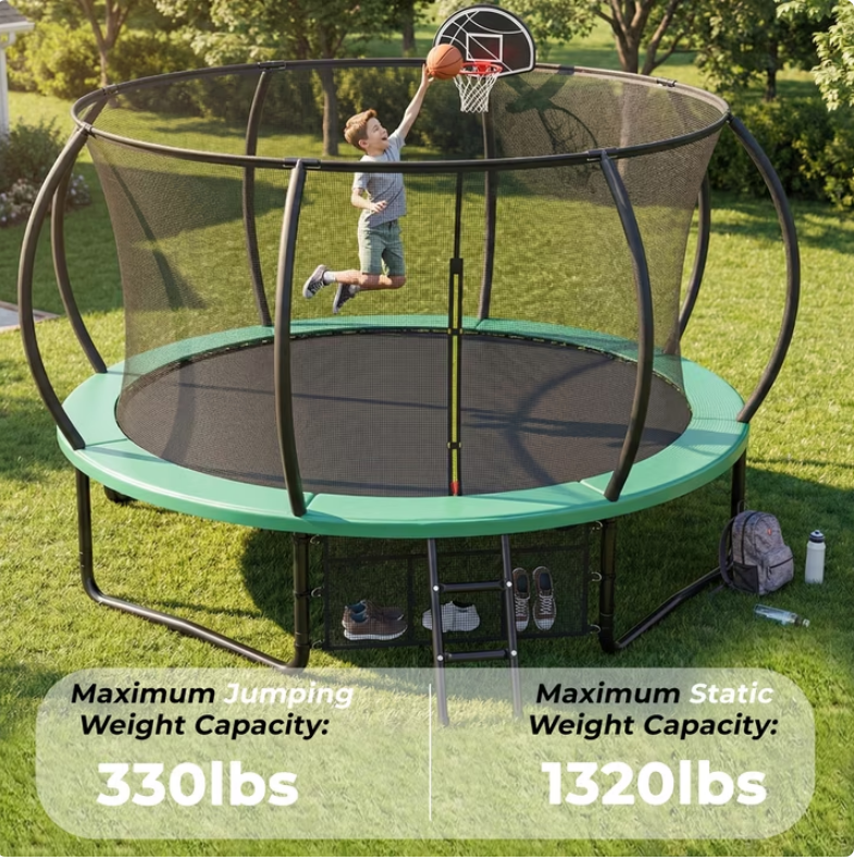 Mersco 12ft Pumpkin Trampoline for Kids and Adults, Outdoor Trampoline with Basketball Hoop Enclosure Net Storage Bag,Jumping Trampoline SPACE for Boys and Girls Birthday and Festival Gift,Green
