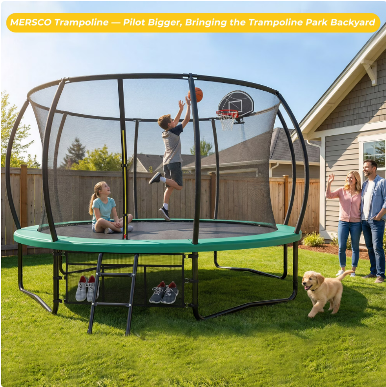 Mersco 12ft Pumpkin Trampoline for Kids and Adults, Outdoor Trampoline with Basketball Hoop Enclosure Net Storage Bag,Jumping Trampoline SPACE for Boys and Girls Birthday and Festival Gift,Green