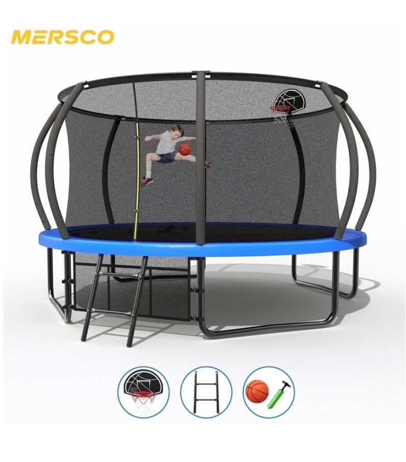 Mersco 12ft Pumpkin Trampoline for Kids and Adults, Outdoor Trampoline with Basketball Hoop Enclosure Net Storage Bag,Jumping Trampoline SPACE for Boys and Girls Birthday and Festival Gift,Blue