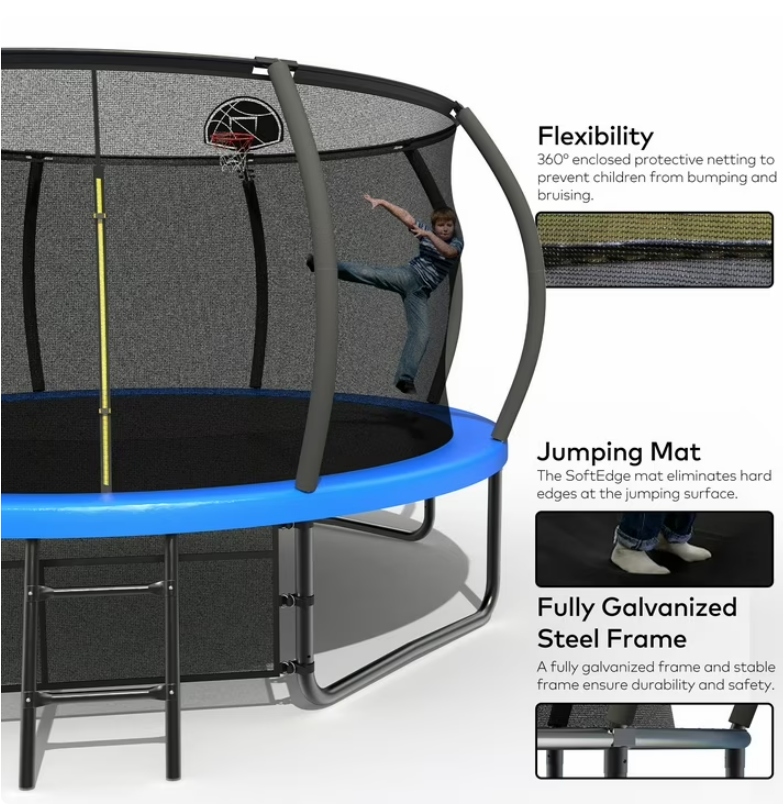 Mersco 12ft Pumpkin Trampoline for Kids and Adults, Outdoor Trampoline with Basketball Hoop Enclosure Net Storage Bag,Jumping Trampoline SPACE for Boys and Girls Birthday and Festival Gift,Blue