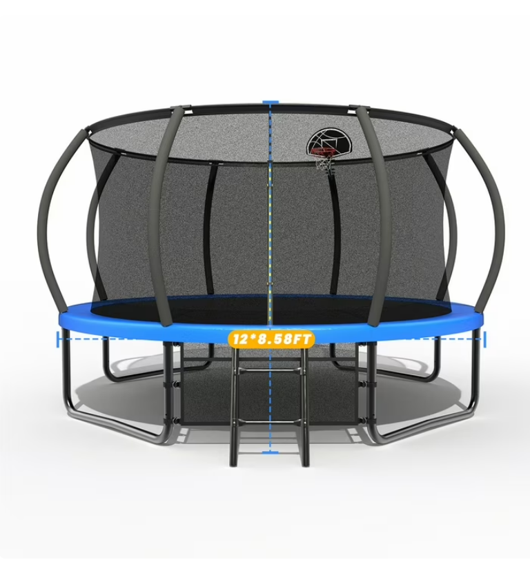 Mersco 12ft Pumpkin Trampoline for Kids and Adults, Outdoor Trampoline with Basketball Hoop Enclosure Net Storage Bag,Jumping Trampoline SPACE for Boys and Girls Birthday and Festival Gift,Blue