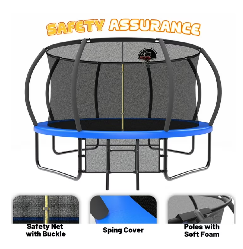 Mersco 12ft Pumpkin Trampoline for Kids and Adults, Outdoor Trampoline with Basketball Hoop Enclosure Net Storage Bag,Jumping Trampoline SPACE for Boys and Girls Birthday and Festival Gift,Blue