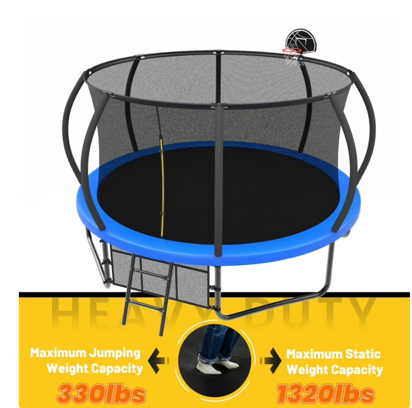 Mersco 12ft Pumpkin Trampoline for Kids and Adults, Outdoor Trampoline with Basketball Hoop Enclosure Net Storage Bag,Jumping Trampoline SPACE for Boys and Girls Birthday and Festival Gift,Blue
