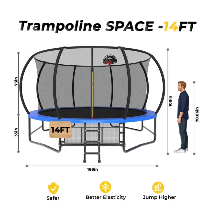 Mersco 14ft Trampoline for Kids and Adults, Pumpkin Outdoor Trampoline with Basketball Hoop,Enclosure Net and Storage Bag, Jumping Trampoline SPACE for Boys and Girls Birthday Gift,Blue