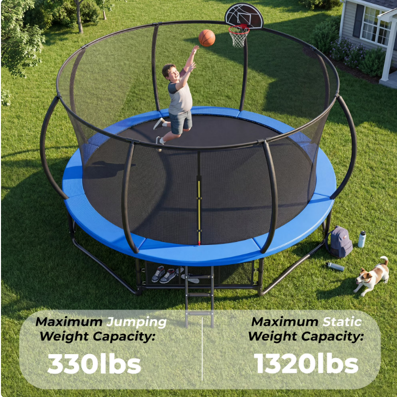 Mersco 14ft Trampoline for Kids and Adults, Pumpkin Outdoor Trampoline with Basketball Hoop,Enclosure Net and Storage Bag, Jumping Trampoline SPACE for Boys and Girls Birthday Gift,Blue